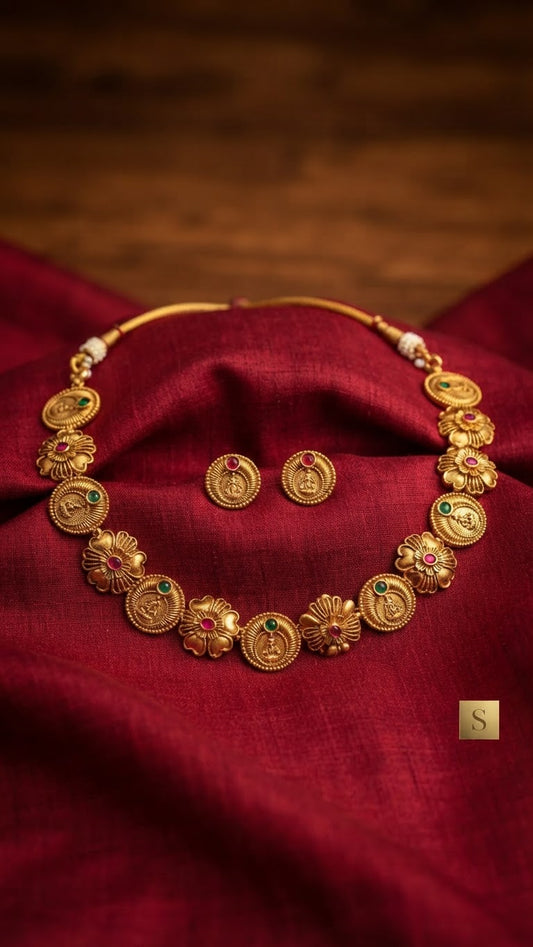Matte Antique Gold Floral & Lakshmi Kasu Motif Necklace Set