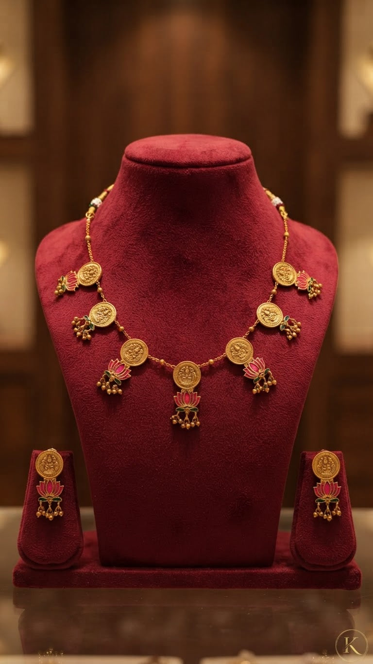 Antique Gold Lakshmi Kasu & Ruby Lotus Temple Necklace Set