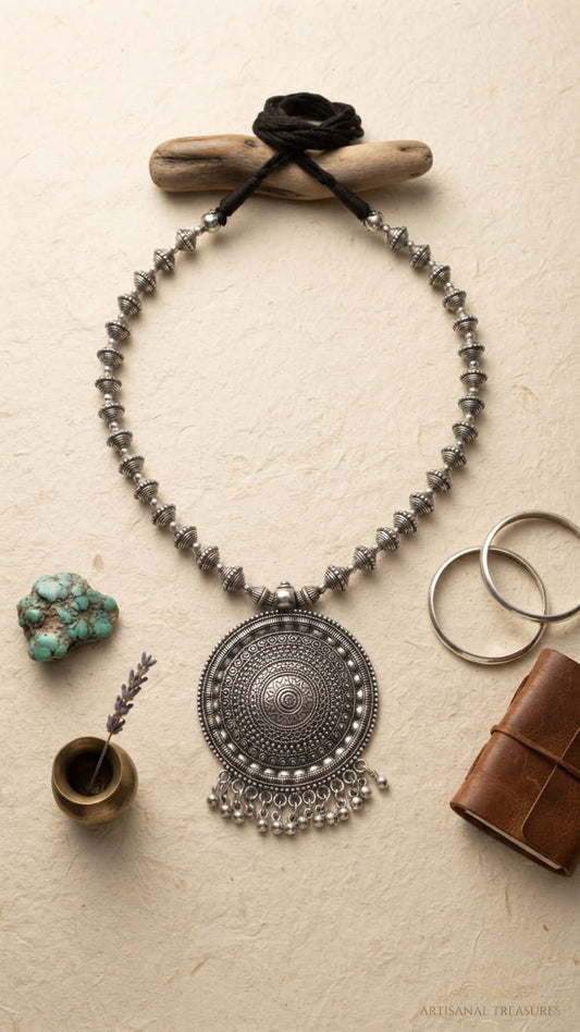 Oxidized Tribal Mandala Medallion Statement Necklace