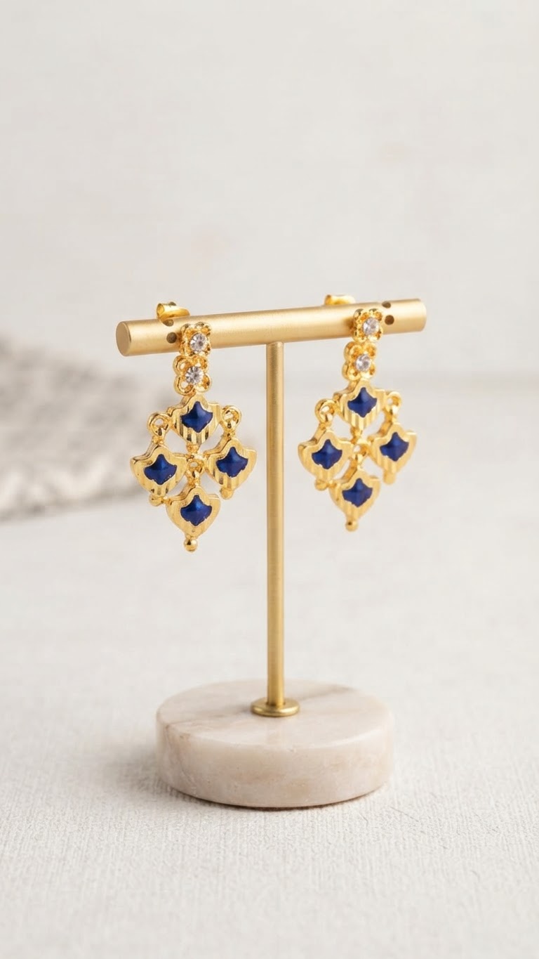 Contemporary Gold & Royal Blue Geometric Chandelier Earrings