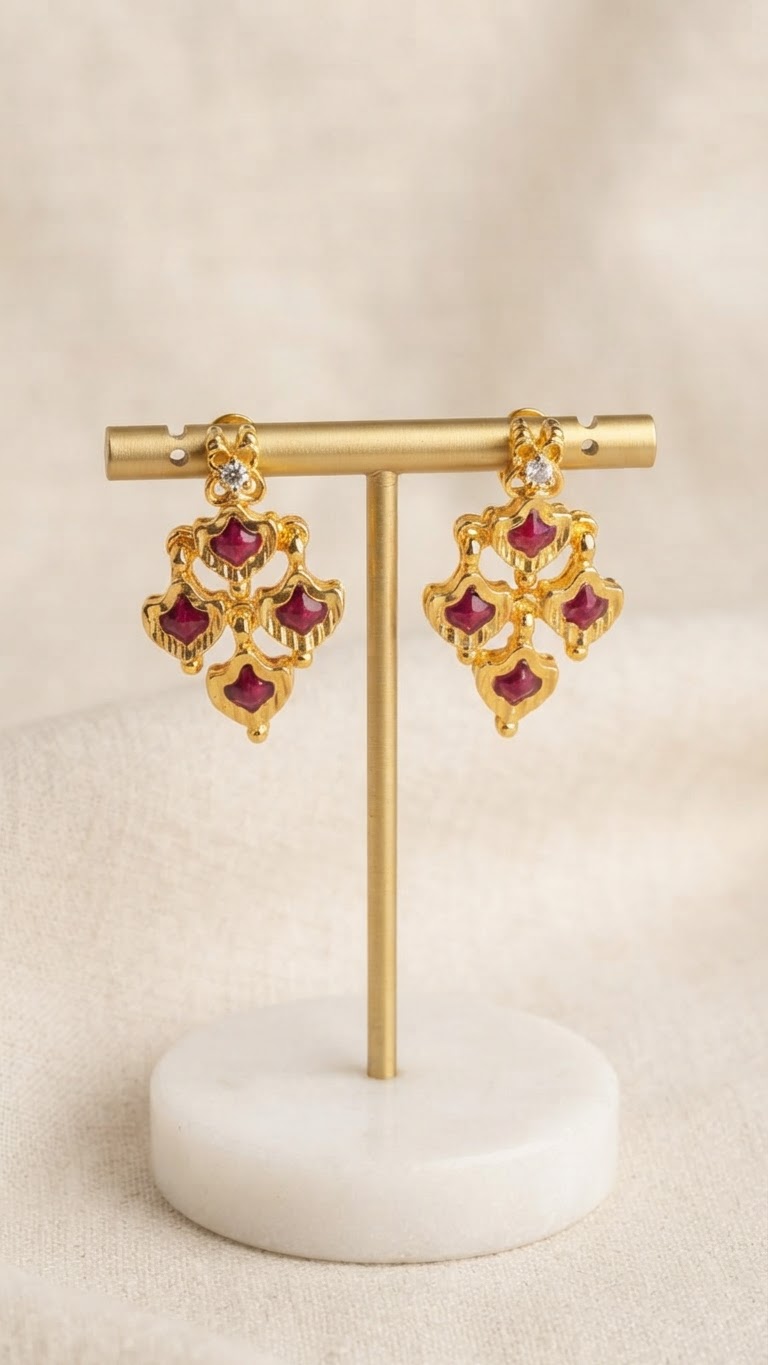 Contemporary Gold & Ruby Red Geometric Chandelier Earrings
