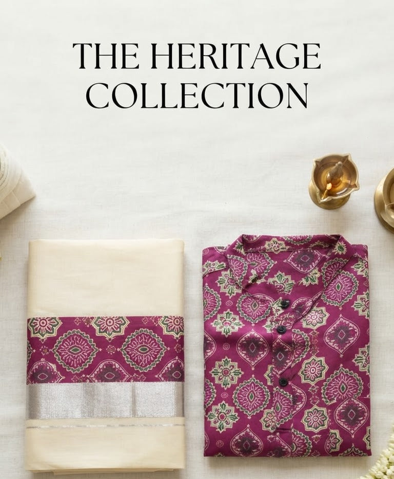 Ajrak printed short kurtha with matching dhothi