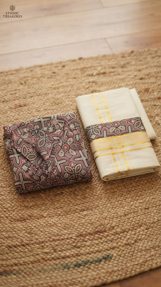 Ajrak printed half sleeve shirt with matching dhothi