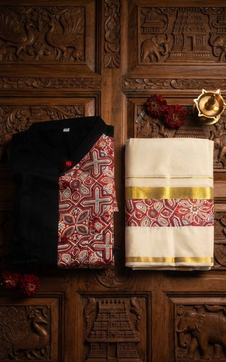 Ajrak printed short kurtha with matching dhothi