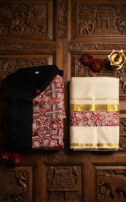 Ajrak printed short kurtha with matching dhothi