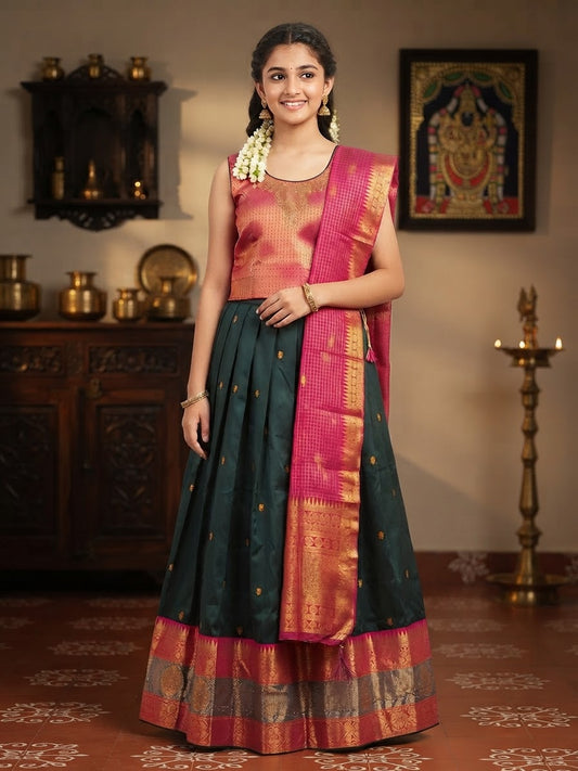 Emerald Pink & Antique Gold Silk Davani Set (Stitched, Sleeveless – Extra Sleeve Provided)
