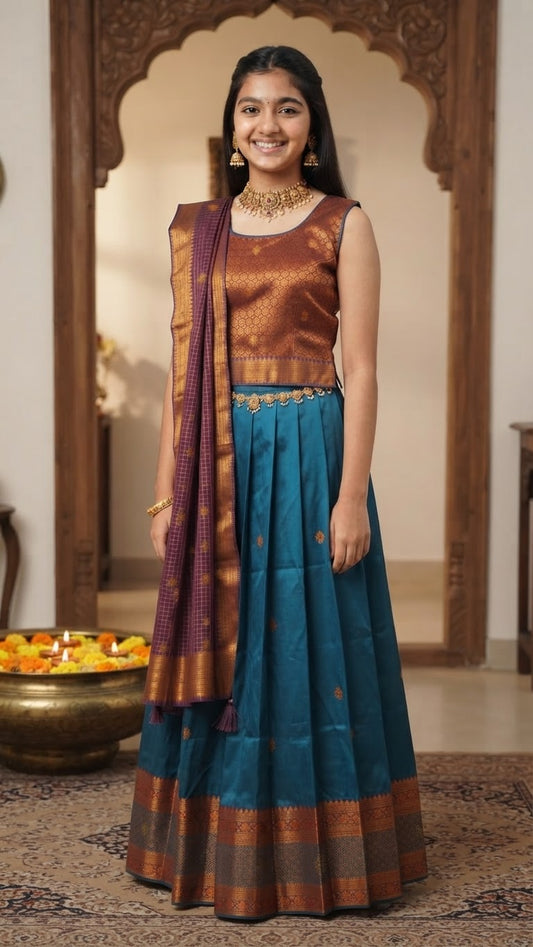 Peacock Blue & Copper Silk Davani Set (Stitched, Sleeveless – Extra Sleeve Provided)