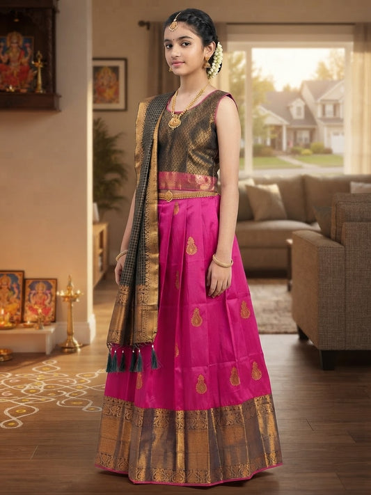 Royal Pink & Gold Silk Davani Set (Stitched, Sleeveless – Extra Sleeve Provided)