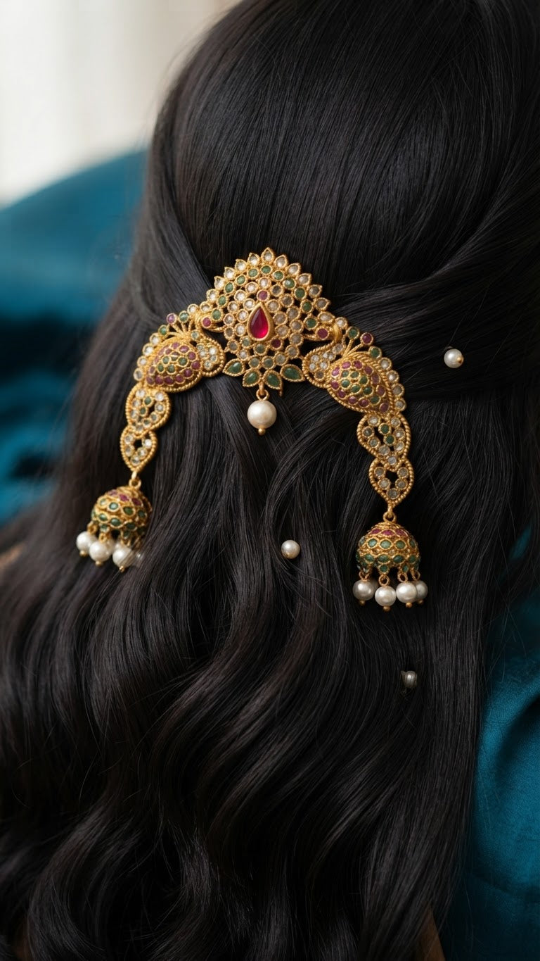 Gold Peacock Motif Ruby & Emerald Arch Hair Pin with Jhumkas