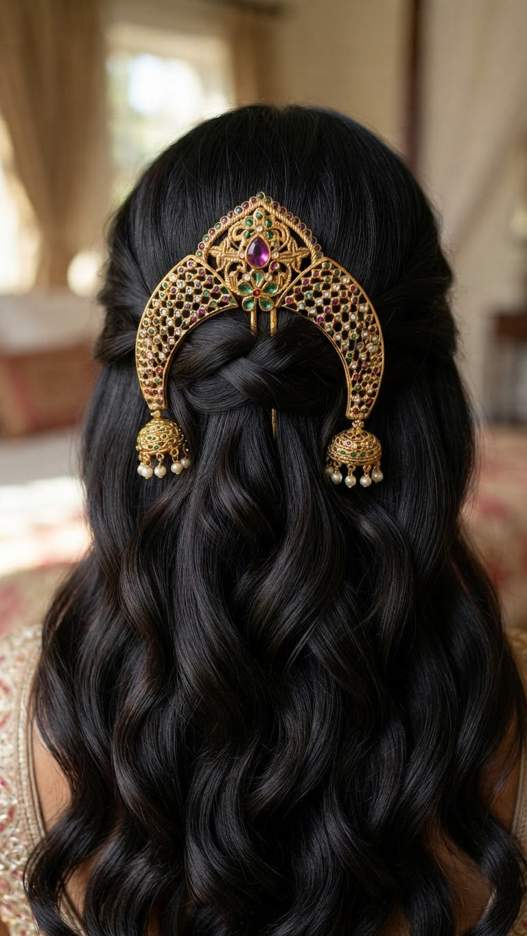 Multi-Stone Arch Hair Pin with Jhumkas