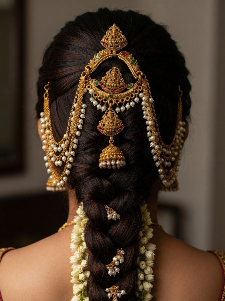 Antique Gold Lakshmi Temple Matha Patti with Jhumka