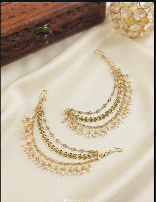 Gold & Pearl Clustered Multi-Layered Ear Chains (Maatal)