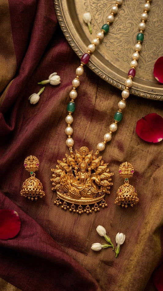 Antique Gold Pearl Gemstone Hamsa Pendant Necklace Set