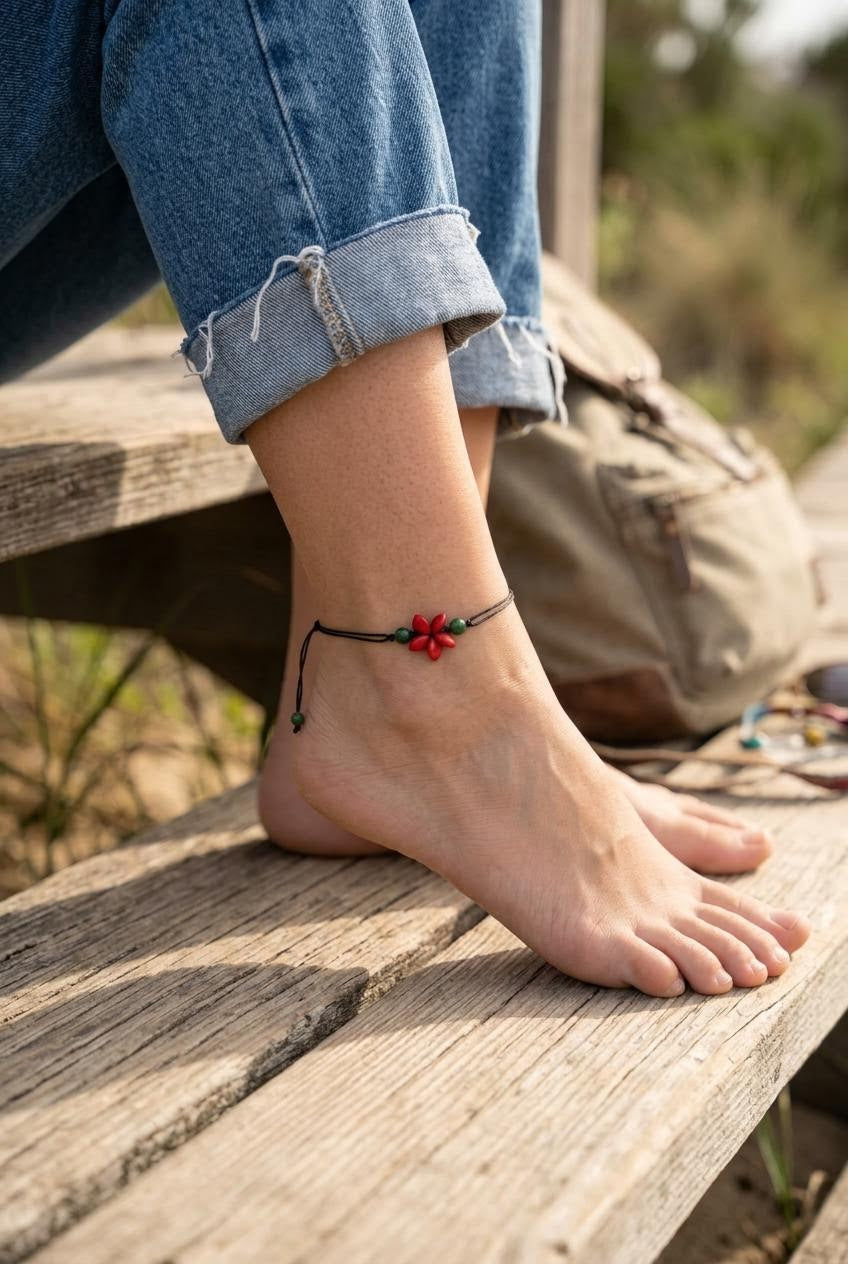 Manchadi Adjustable Anklets - Handmade Black Cord Red Floral Bracelet with Green Beads
