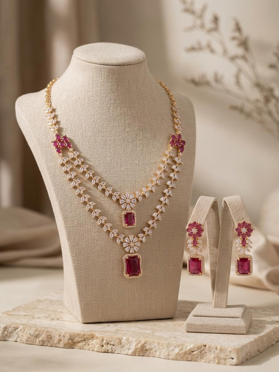 Contemporary Double Layer CZ & Ruby Red Statement Necklace Set