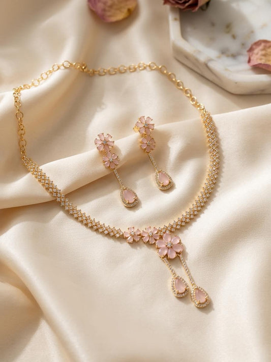 Elegant Blush Pink Floral CZ & Gold Necklace Set