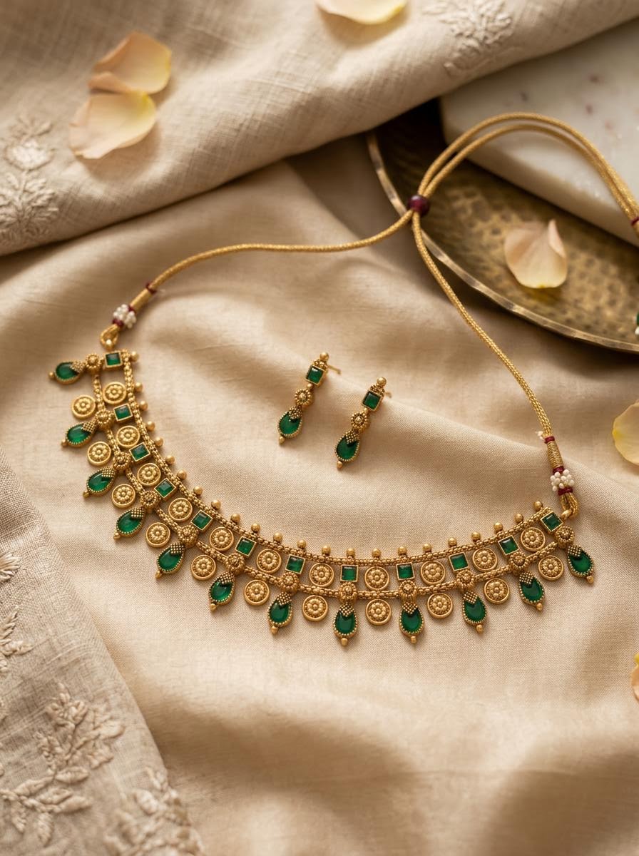 Traditional Antique Gold Floral Motif Choker Set (Available in Ruby, Emerald & Multicolor)