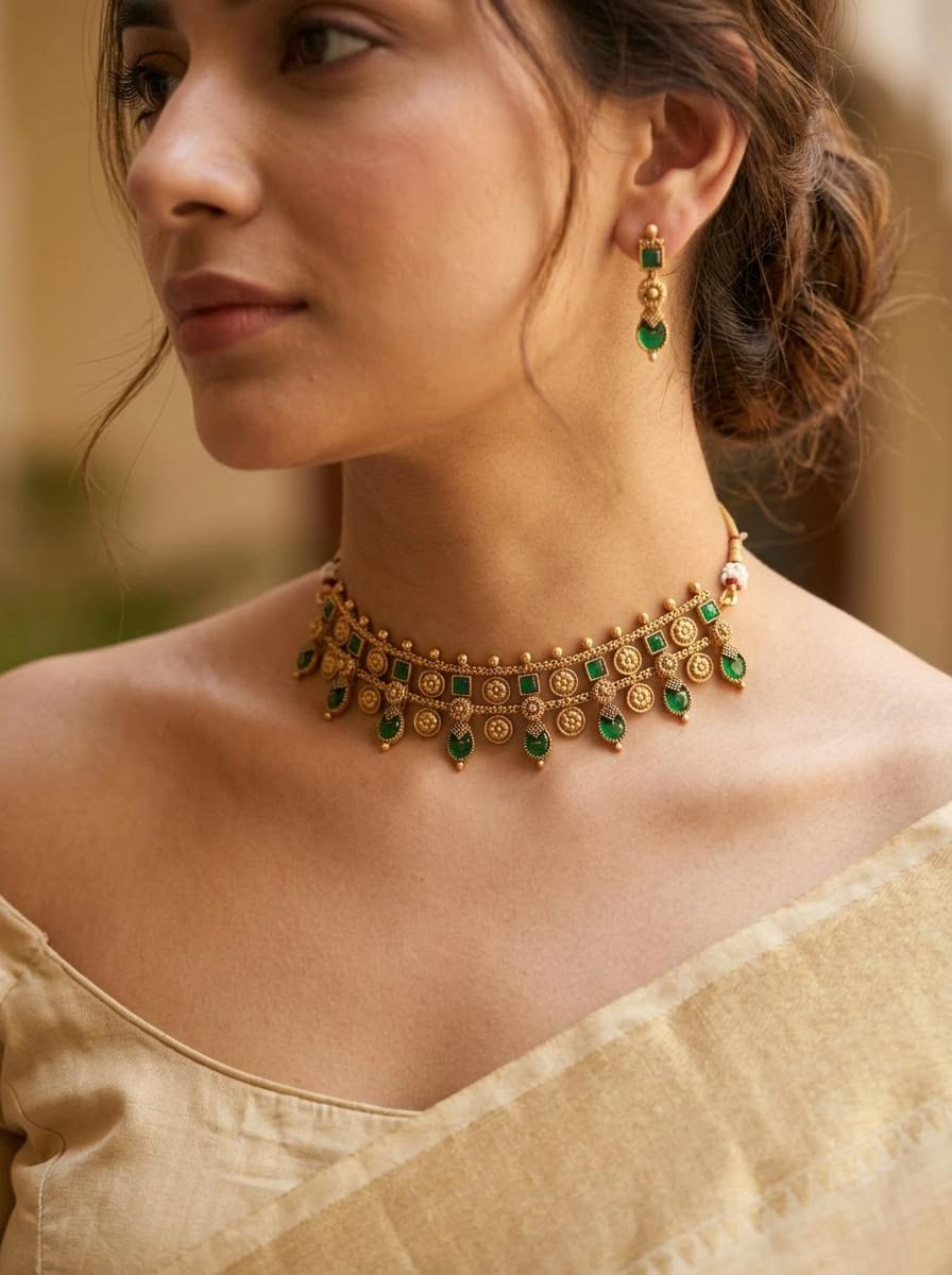 Traditional Antique Gold Floral Motif Choker Set (Available in Ruby, Emerald & Multicolor)