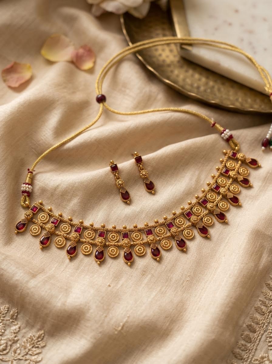 Traditional Antique Gold Floral Motif Choker Set (Available in Ruby, Emerald & Multicolor)