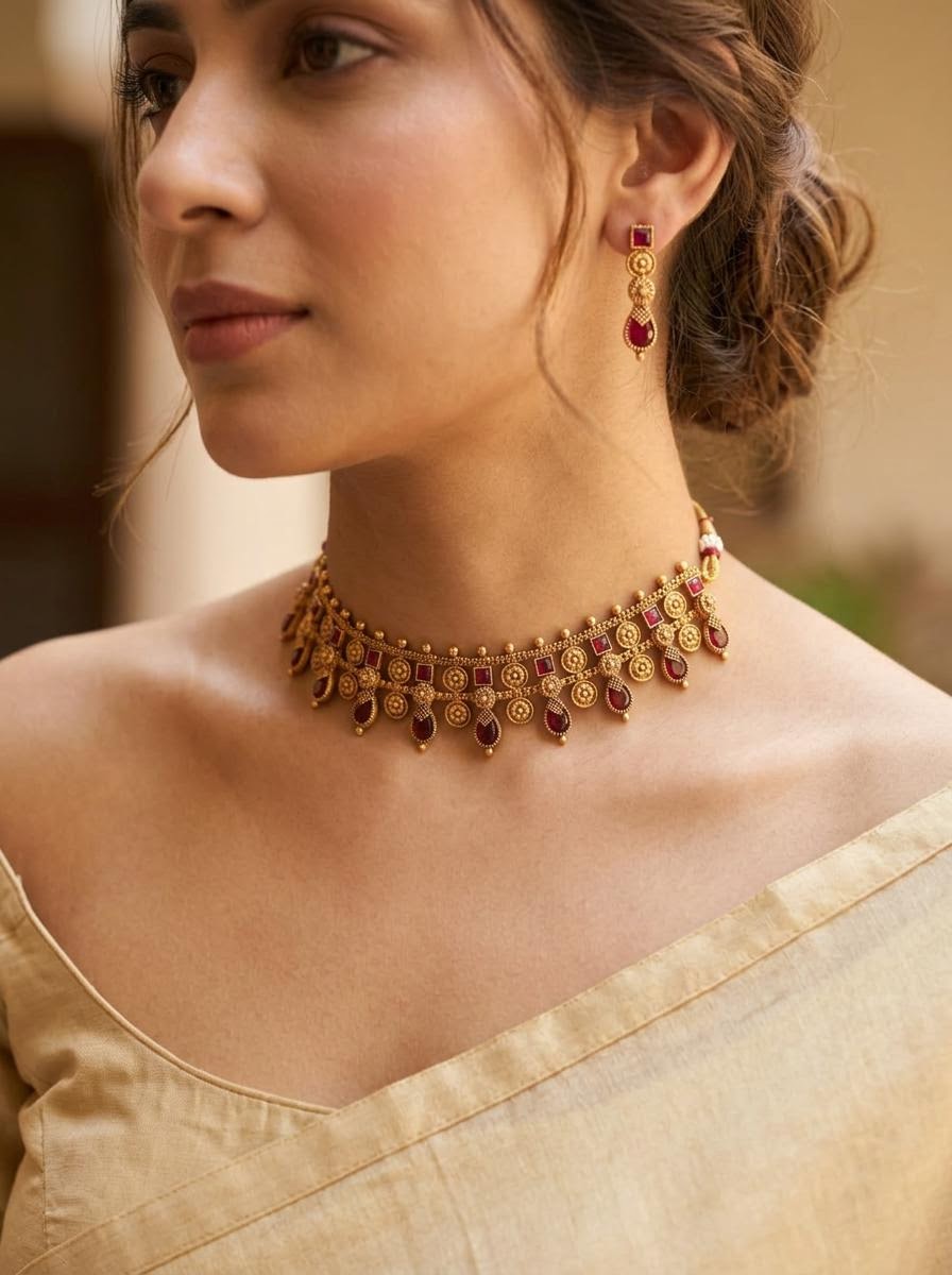 Traditional Antique Gold Floral Motif Choker Set (Available in Ruby, Emerald & Multicolor)