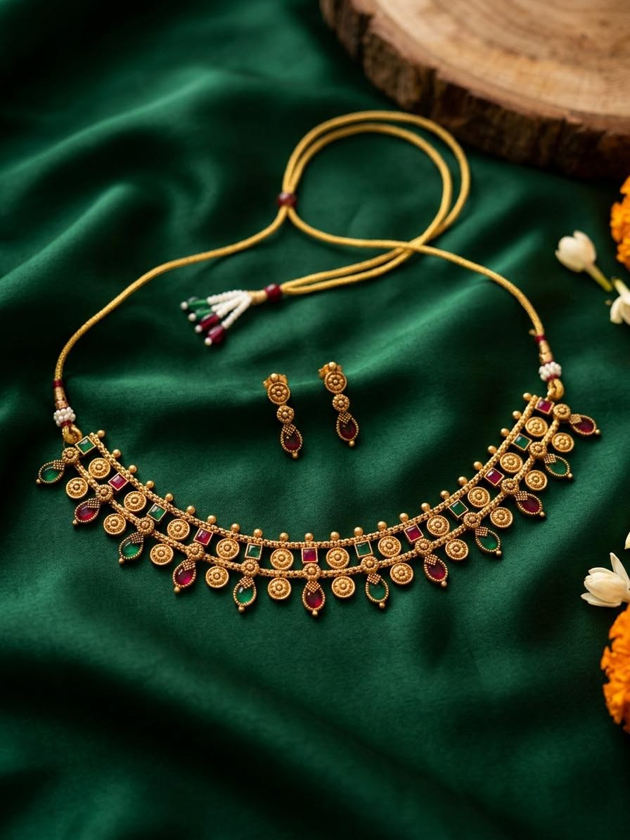 Traditional Antique Gold Floral Motif Choker Set (Available in Ruby, Emerald & Multicolor)