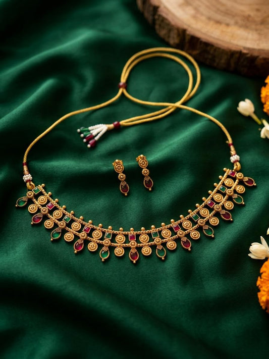 Traditional Antique Gold Floral Motif Choker Set (Available in Ruby, Emerald & Multicolor)