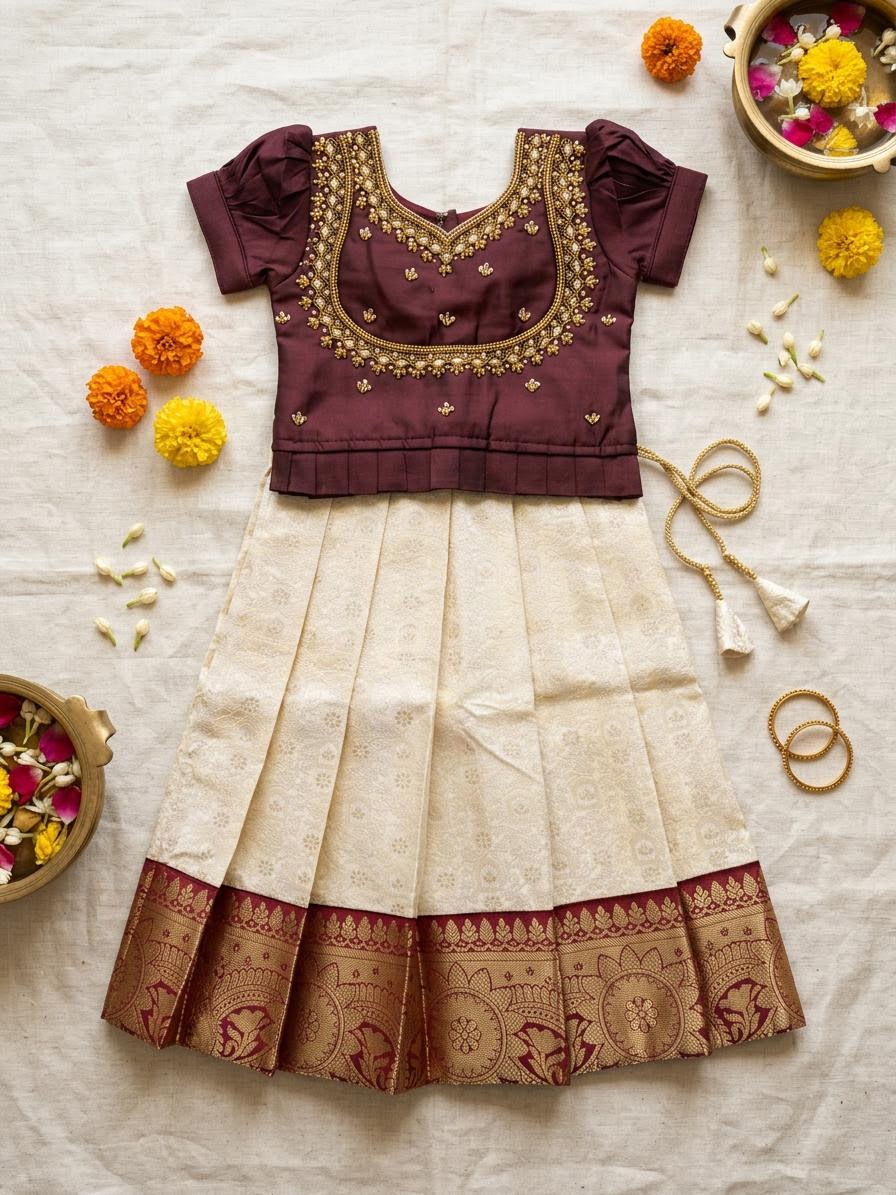 Royal Maroon & Cream Brocade Aari Work Girls Lehenga Choli Set
