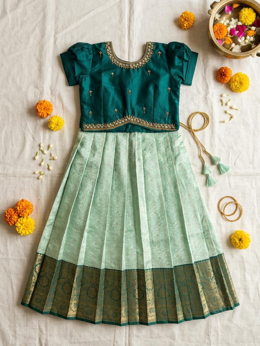 Emerald Teal & Mint Green Aari Work Lehenga Choli for Girls