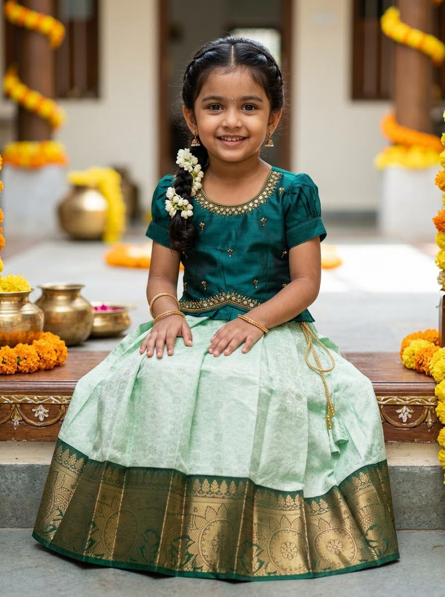 Emerald Teal & Mint Green Aari Work Lehenga Choli for Girls
