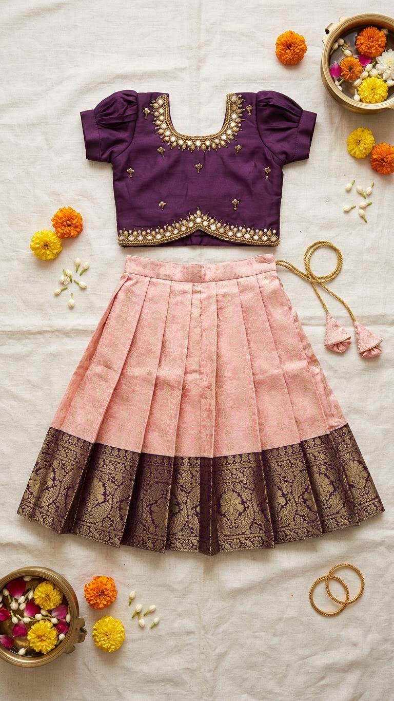 Wine & Blush Pink Kids Lehenga Choli with Aari Work