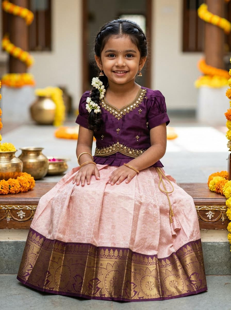 Wine & Blush Pink Kids Lehenga Choli with Aari Work