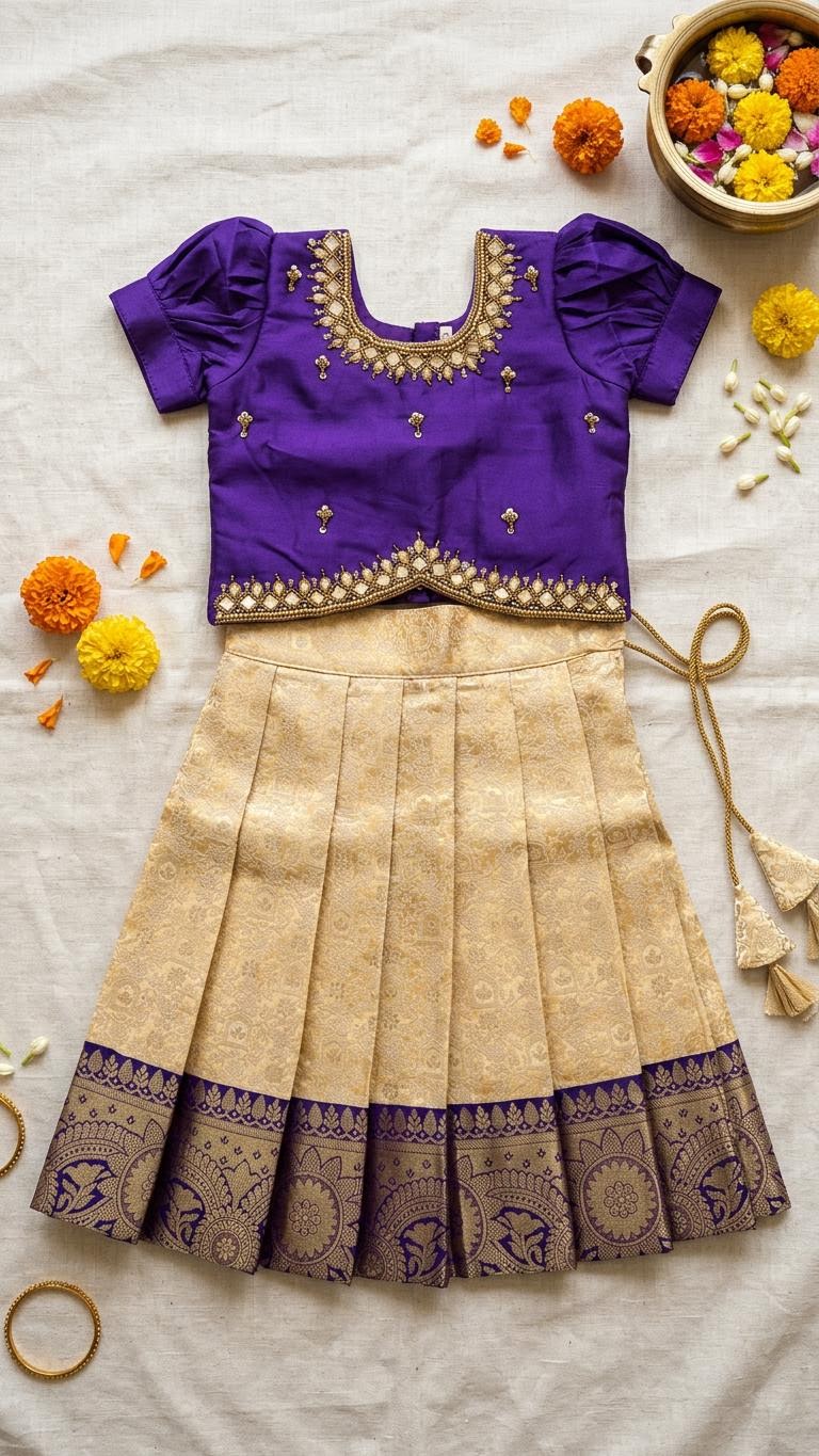 Purple & Cream Kids Lehenga Choli with Aari Work