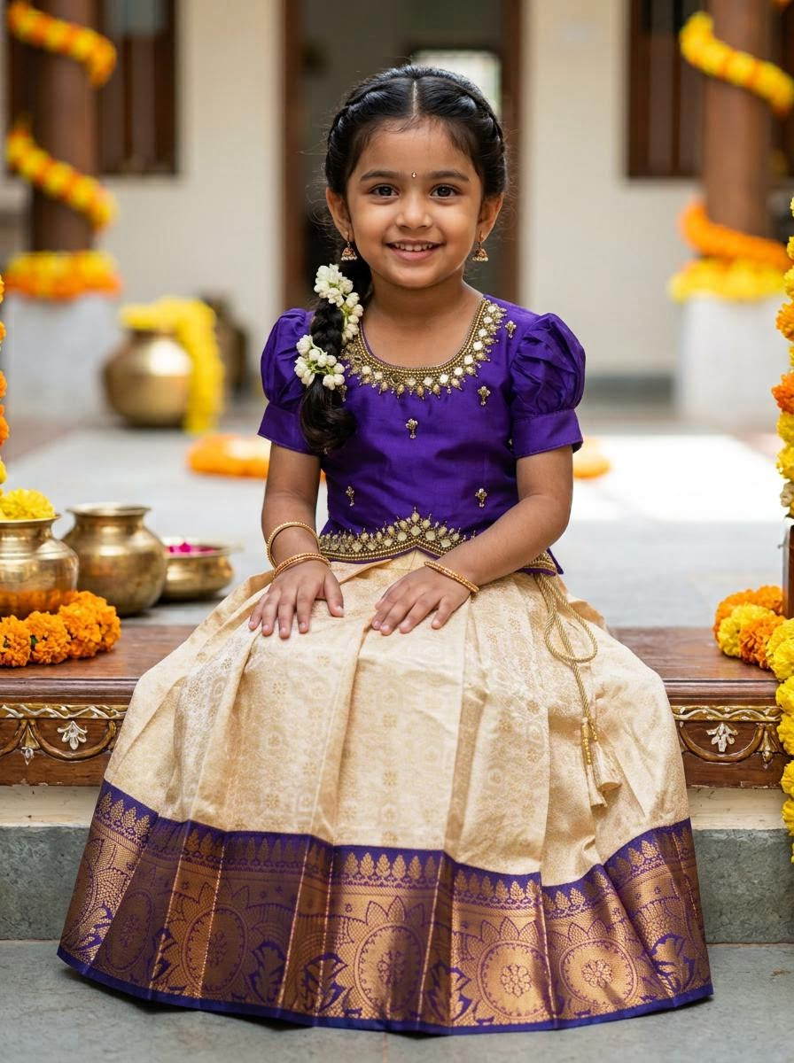 Purple & Cream Kids Lehenga Choli with Aari Work