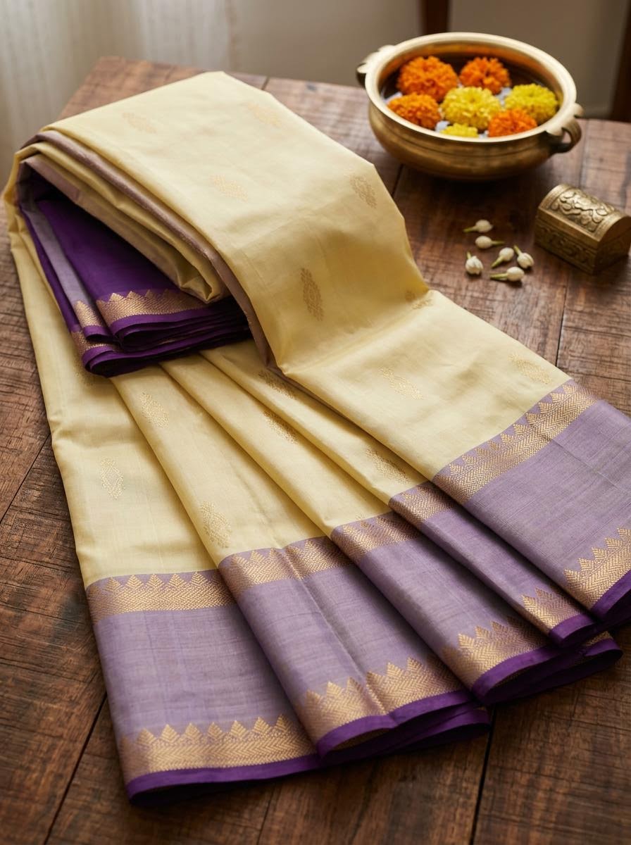 Cream and Royal Purple Silk Mark Certified Kanchipuram Saree (blouse lining included)