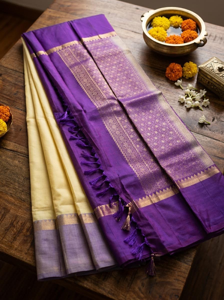 Cream and Royal Purple Silk Mark Certified Kanchipuram Saree (blouse lining included)