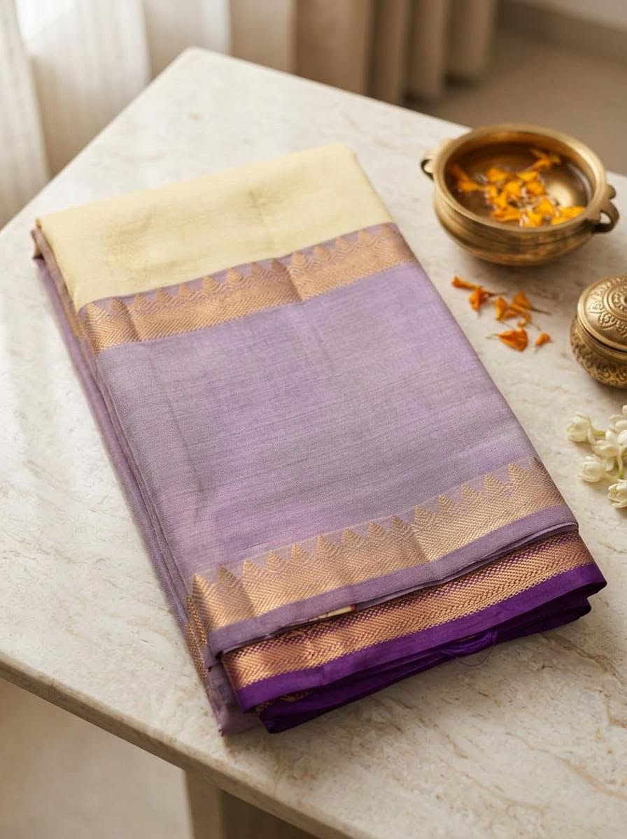Cream and Royal Purple Silk Mark Certified Kanchipuram Saree (blouse lining included)