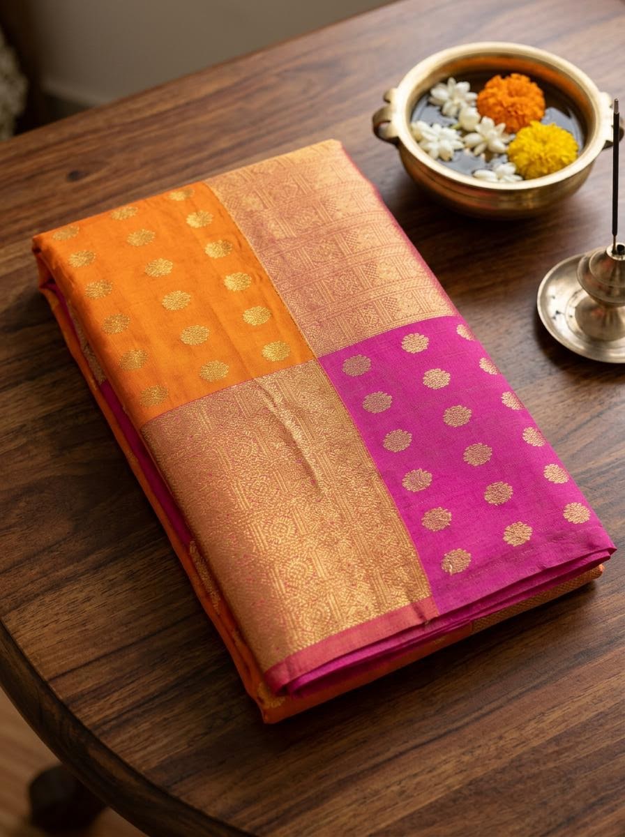 Parrot Green and Multicolor Block Silk Mark Certified Kanchipuram Saree (blouse lining included)