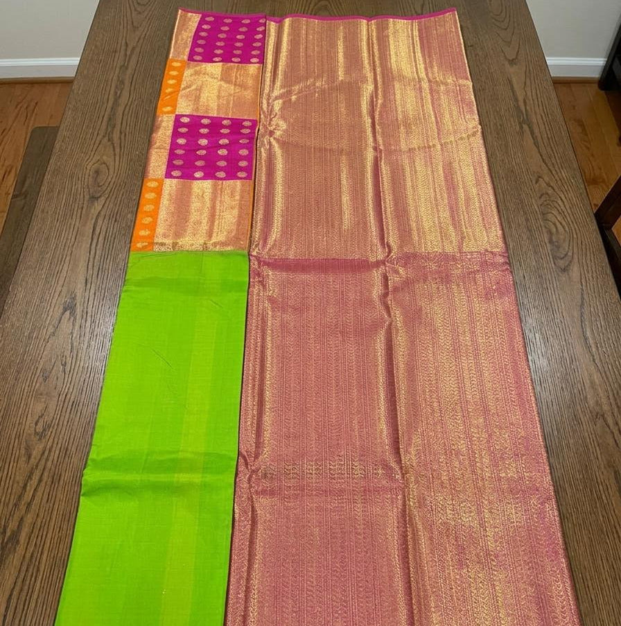 Parrot Green and Multicolor Block Silk Mark Certified Kanchipuram Saree (blouse lining included)