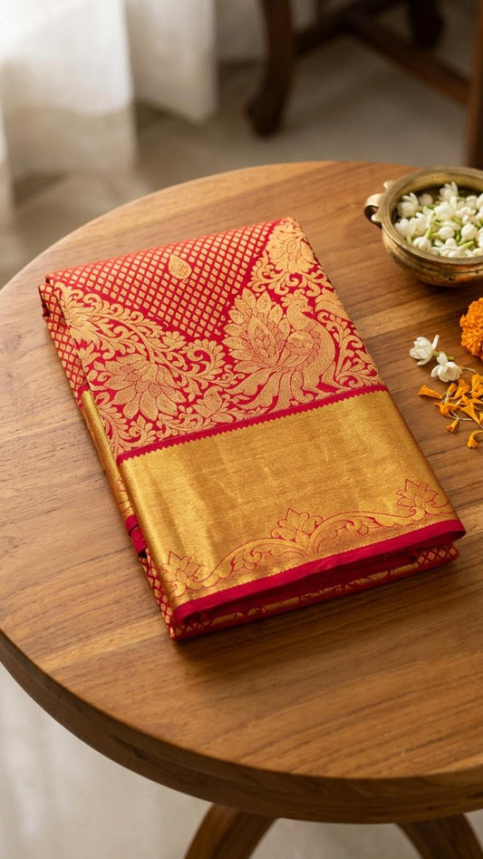 Crimson Red Heavy Brocade Silk Mark Certified Kanchipuram Saree (blouse lining included)