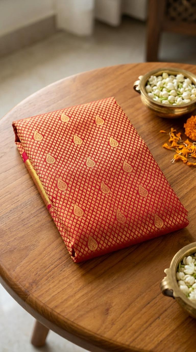 Crimson Red Heavy Brocade Silk Mark Certified Kanchipuram Saree (blouse lining included)