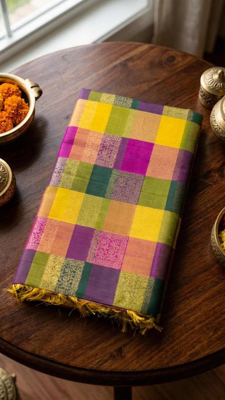 Vibrant Multicolor Checks Silk Mark Certified Kanchipuram Saree (blouse lining included)