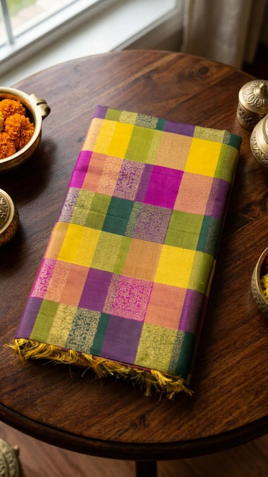 Vibrant Multicolor Checks Silk Mark Certified Kanchipuram Saree (blouse lining included)