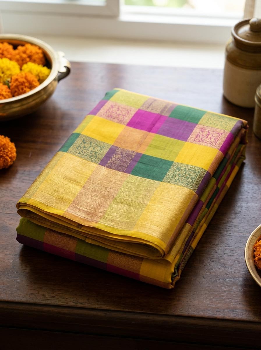 Vibrant Multicolor Checks Silk Mark Certified Kanchipuram Saree (blouse lining included)