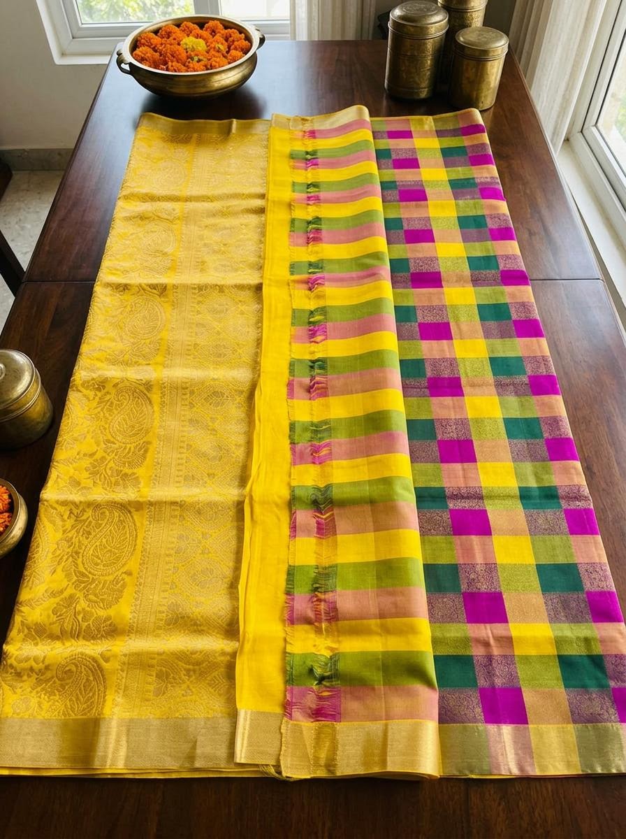 Vibrant Multicolor Checks Silk Mark Certified Kanchipuram Saree (blouse lining included)