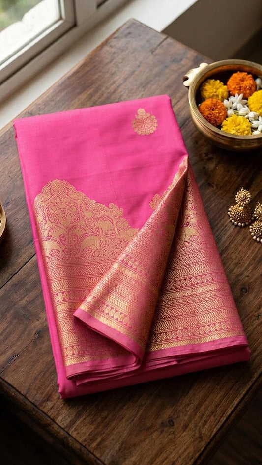 Vibrant Pink Silk Mark Certified Kanchipuram Saree (blouse lining included)