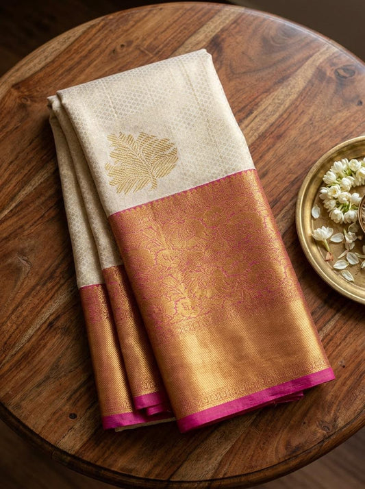 Cream and Magenta Floral Silk Mark Certified Kanchipuram Saree (blouse lining included)