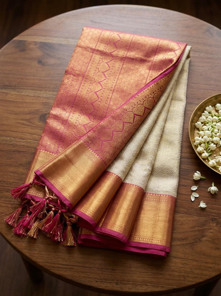 Cream and Magenta Floral Silk Mark Certified Kanchipuram Saree (blouse lining included)