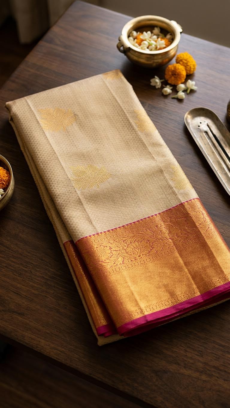Cream and Magenta Floral Silk Mark Certified Kanchipuram Saree (blouse lining included)