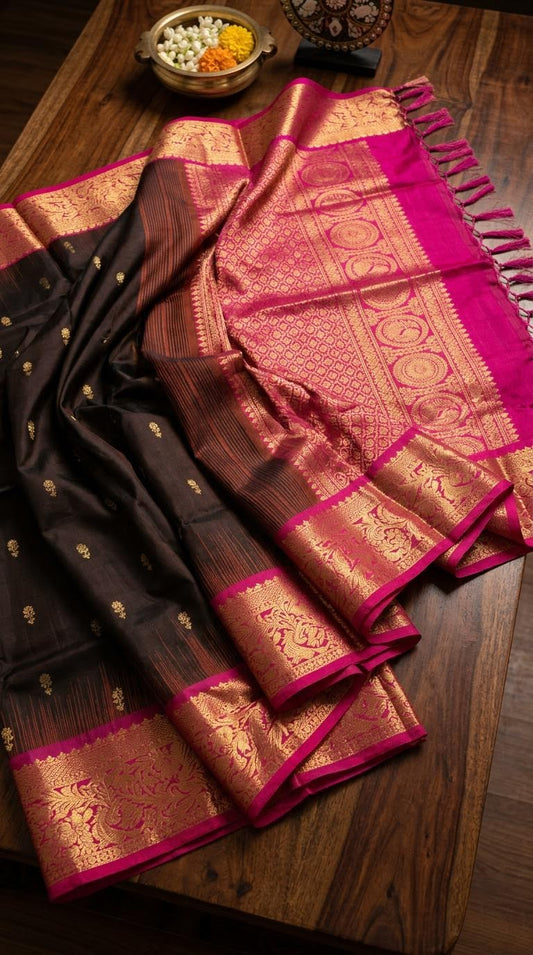 Charcoal Black and Magenta Silk Mark Certified Kanchipuram Saree (blouse lining included)