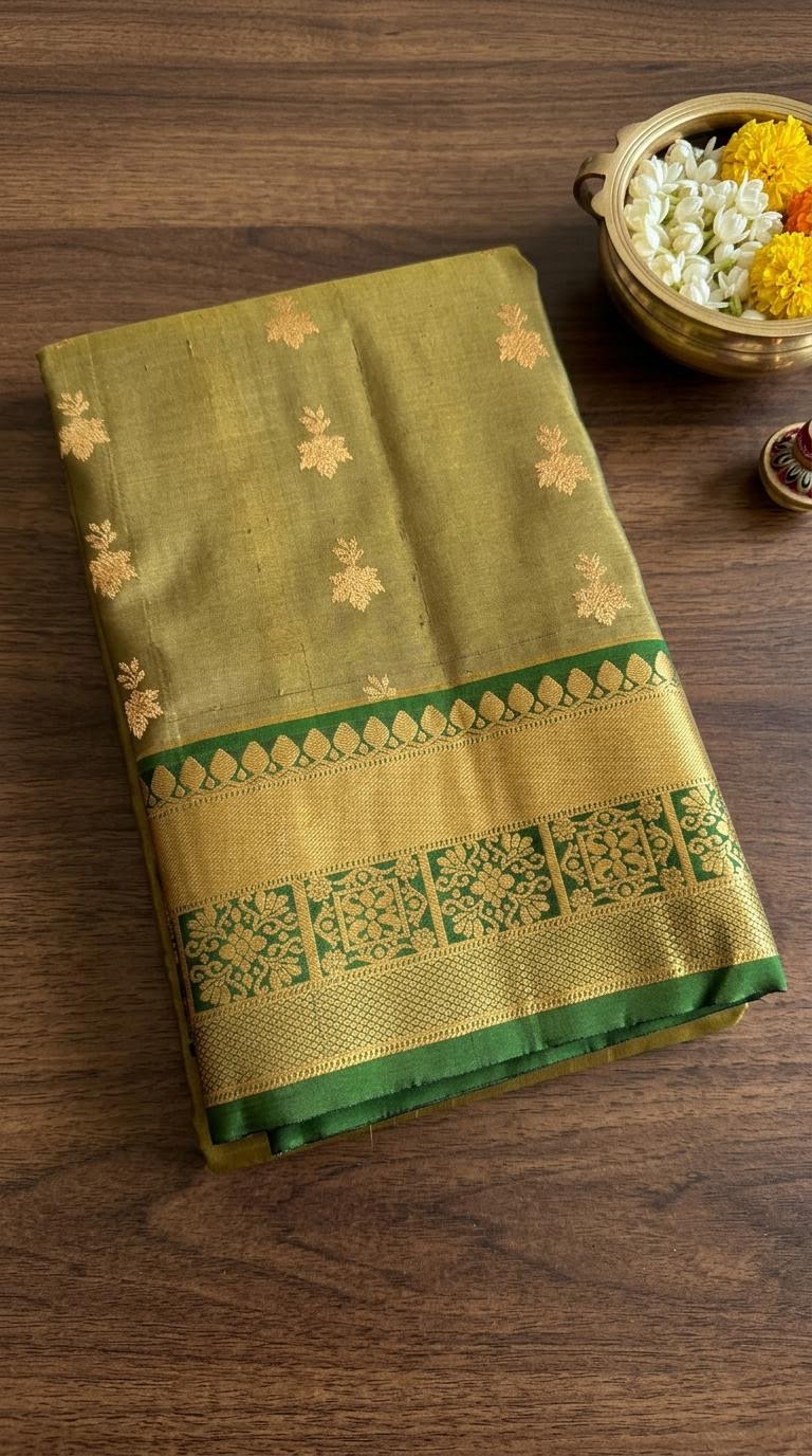 Olive Green and Forest Green Silk Mark Certified Kanchipuram Saree (blouse lining included)